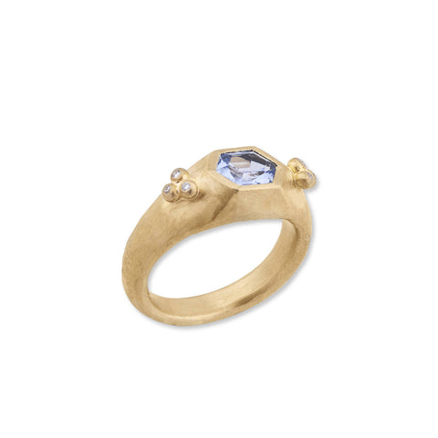 Three-stone Yellow Gold Australian Sapphire with Accent Baguette Diamond Engagement Ring
