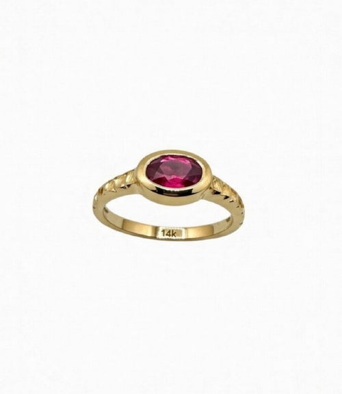 Oval Ruby Bezel Set Solitaire Engagement Ring with Hammered Texture