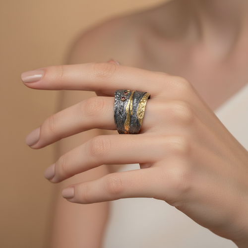 Textured Band Ring with Gold Accents with 1.9 mm Rubies
