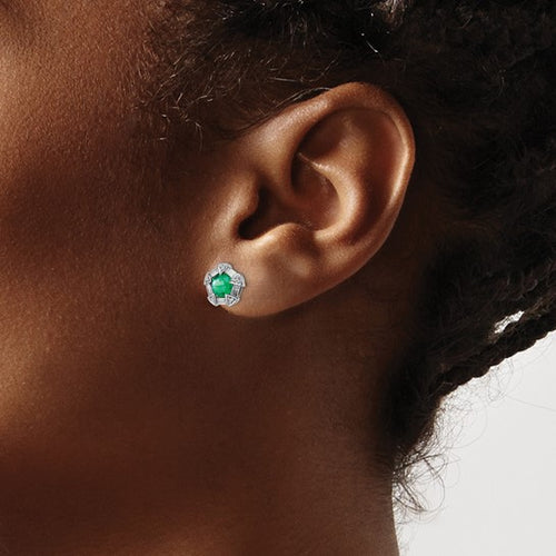 14k White Gold Emerald and Diamond Post Earrings