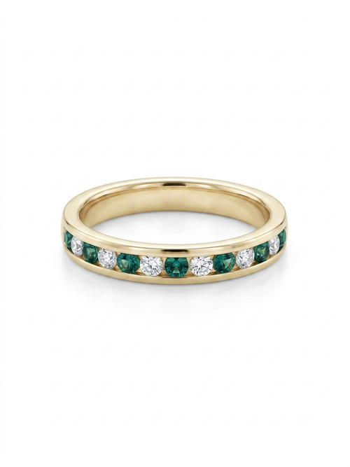 14k Gold Channel Set Green and White Stone Ring
