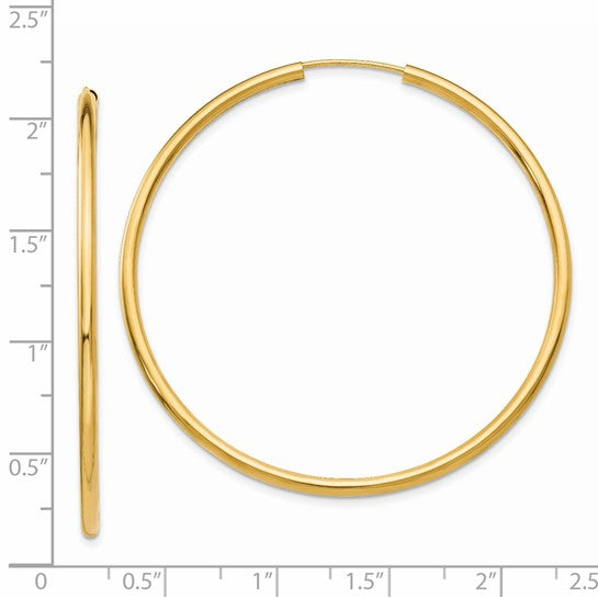 14K Gold 2 mm Wide 50 mm Endless Hoop Earrings