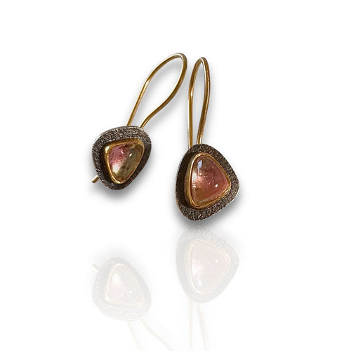 Pink Tourmaline Earrings | Trillion Cabochon 22K Gold