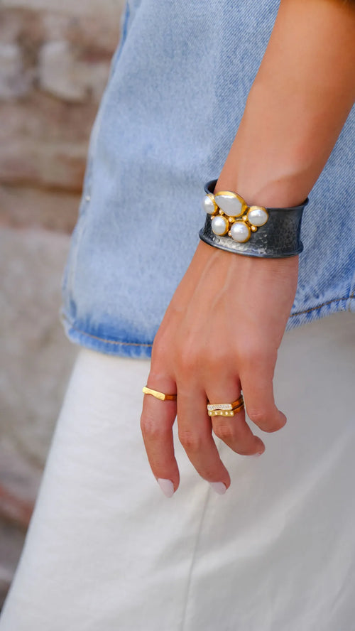 KIRSTEN Cuff – 24K Gold, Silver, Pearls & Cognac Diamonds