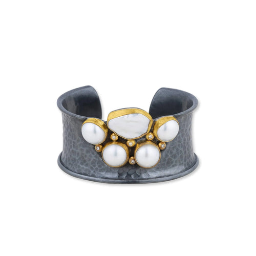KIRSTEN Cuff – 24K Gold, Silver, Pearls & Cognac Diamonds