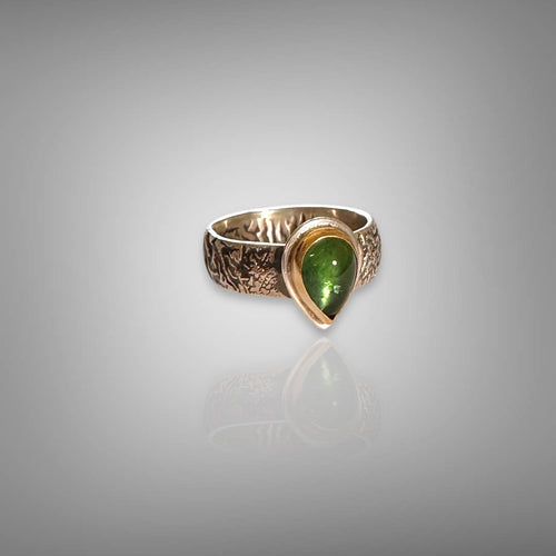 Green Tourmaline Cabochon Ring in Gold & Silver