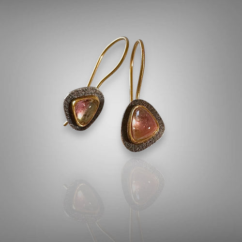 Pink Tourmaline Trillion Cabochon Earrings in Gold & Silver