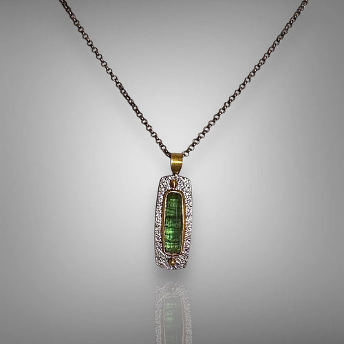 Green Tourmaline Crystal Pendant in Gold & Silver