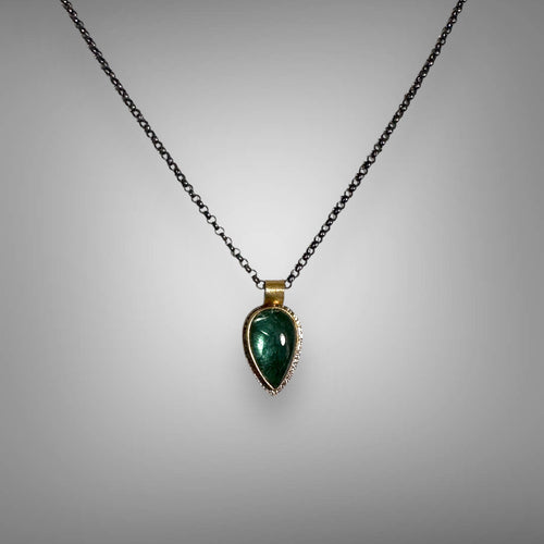 Teal Green Tourmaline Cabochon Necklace in Gold & Silver