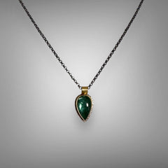 Teal Green Tourmaline Cabochon Necklace in Gold & Silver