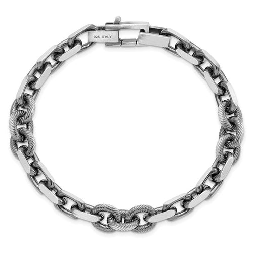 Sterling Silver Men’s Antiqued Brushed Cable/Twisted Rolo Bracelet