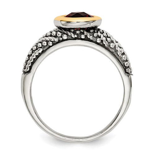Sterling Silver with 14K Accent Antiqued Round Bezel Garnet Ring
