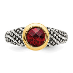 Sterling Silver with 14K Accent Antiqued Round Bezel Garnet Ring