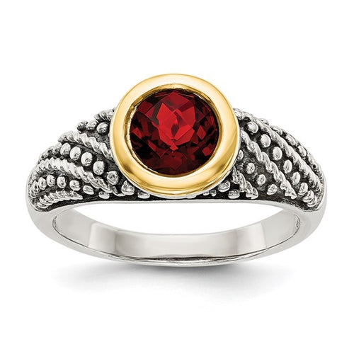 Sterling Silver with 14K Accent Antiqued Round Bezel Garnet Ring