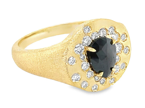 14K Gold Satin Finish Black Pear Diamond Confetti Signet Ring