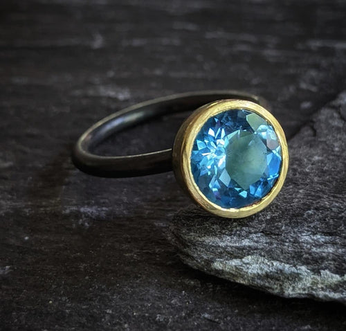 9mm Round Swiss Blue Topaz Ring 18k Gold Cup and Oxidized Silver Ring