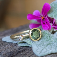 Green Sapphire Collet Set Ring with Side Diamond