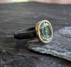 Green Amethyst Pod-Inspired Ring in Oxidised Silver and 18ct Gold
