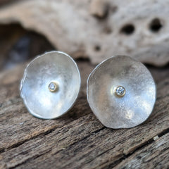Small Lunar Stud Earrings in Silver with 18ct Gold and Diamond