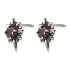 Edgy Stainless Steel Button Earrings with Black CZ