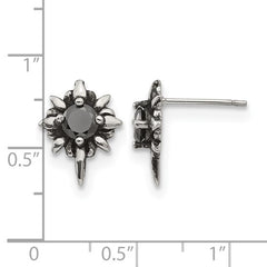 Edgy Stainless Steel Button Earrings with Black CZ