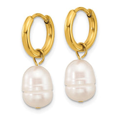 Stainless Steel Yellow IP-Plated White Baroque Pearl Dangle Hinged Hoop Earrings