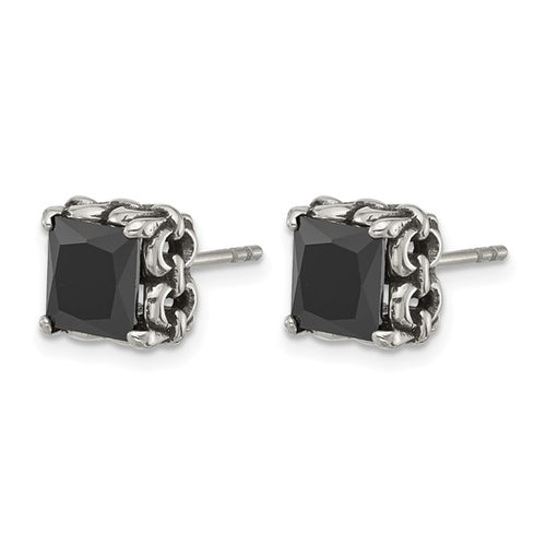 Black CZ Stud Earrings | Stainless Steel Square