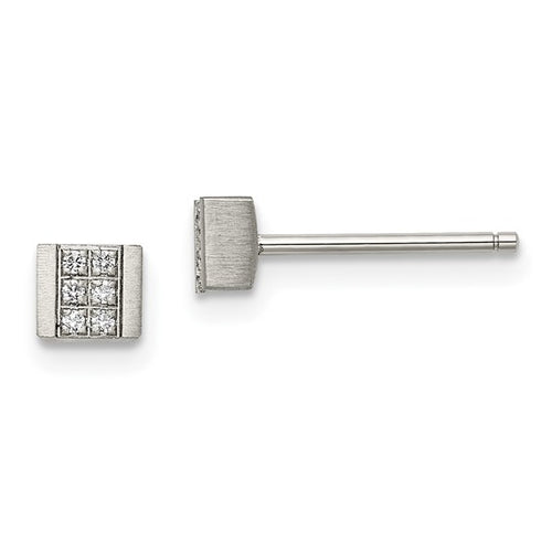 Stainless Steel CZ Square Post Earrings Brushed Finish