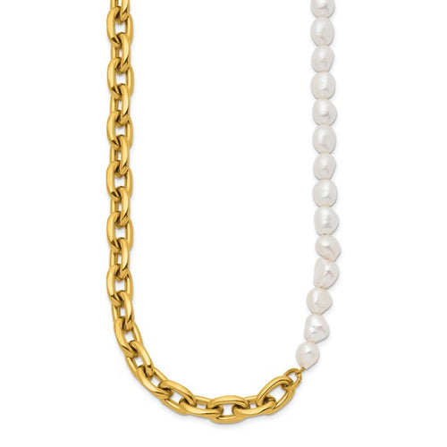 Stainless Steel Open Link and Half Baroque Pearl Necklace