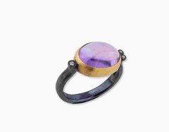 22k Gold Oval Cab Ring, Amethyst, Diamonds & Oxidized Sterling Silver Ring