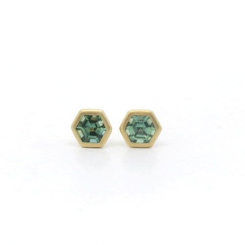 Teal Sapphire Hexagon Bezel Earrings | 18K Gold