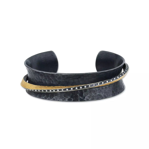 Narrow 24K Hammered Fusion Gold & Oxidized Sterling Silver Twist Open Cuff Bracelet with Diamonds