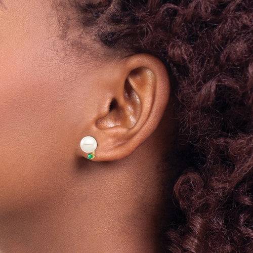 Pearl and Natural Emerald 14k Gold Post Earrings