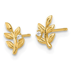 14K Gold CZ Leaf Stud Earrings
