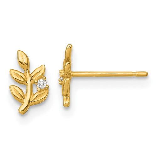 14K Gold CZ Leaf Stud Earrings