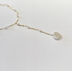 Lariat Heart Necklace with Rare White Freshwater Heart Shape Pearl and White Seed Pearls