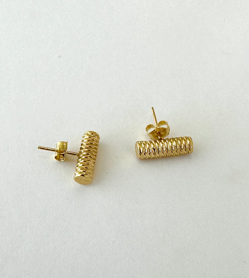 18k Yellow Gold Textured Cylinder Post Earrings Long
