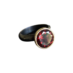 10mm Almandine Garnet set in 18kt Gold on Oxidized Silver Ring