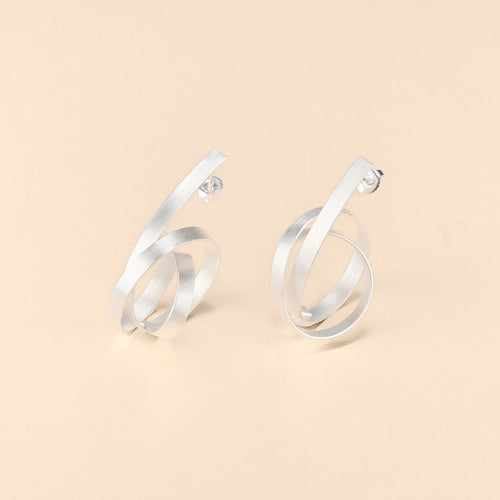 Contemporary Wide Flat Wire Spiral Silver Earrings