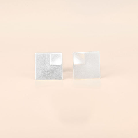 Curved Square on Square Silver Earrings