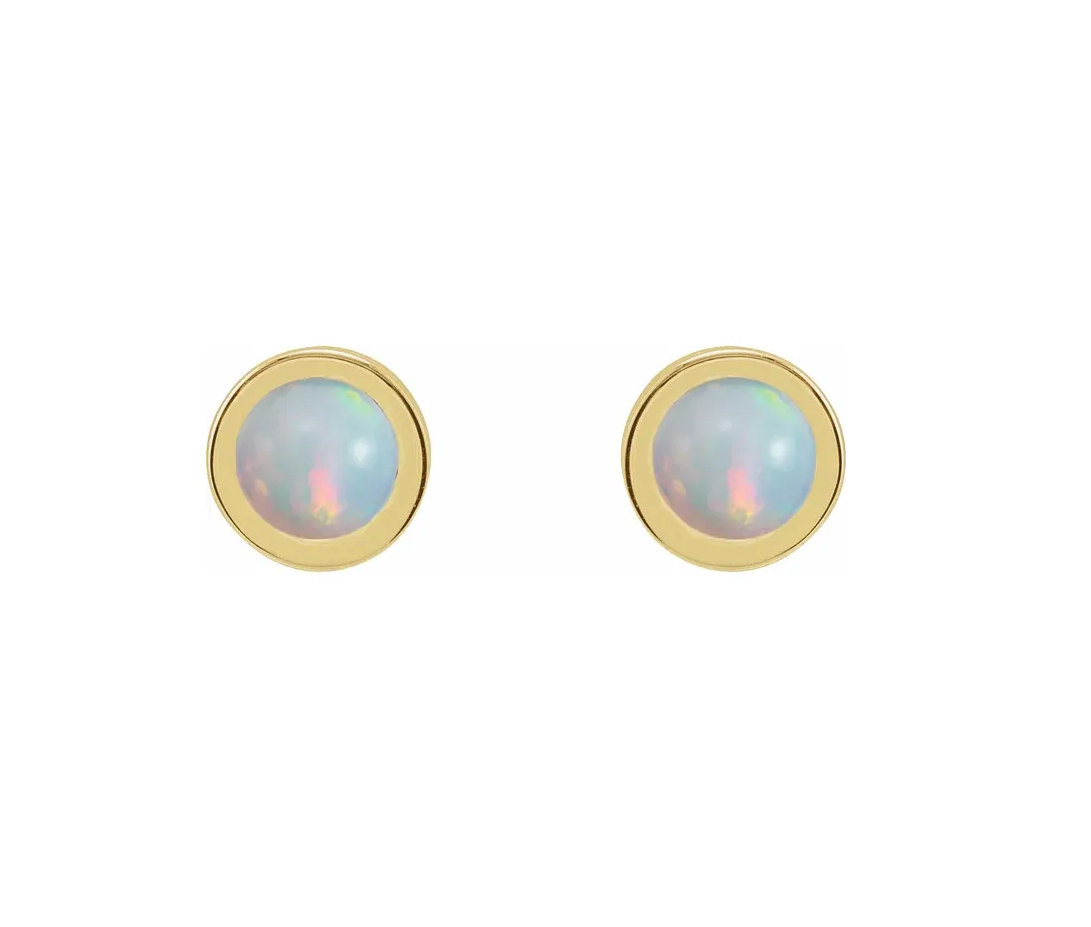 14k Gold Cabochon 4 mm Natural White Opal Bezel-Set Solitaire Stud Earrings