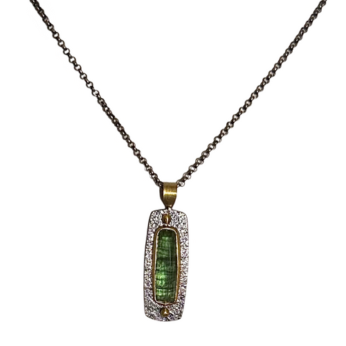 Green Tourmaline Crystal Pendant in Gold & Silver