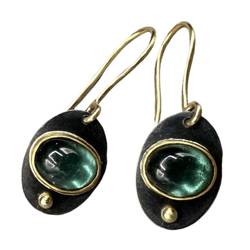 Teal Tourmaline Cabochon Earrings in Gold & Silver