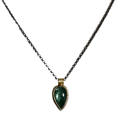 Teal Green Tourmaline Cabochon Necklace in Gold & Silver