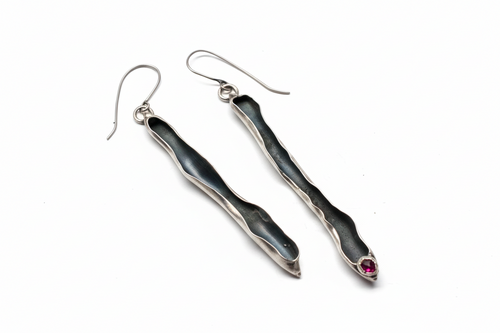 Sterling Silver Leaves with Ruby on Hooks Earrings