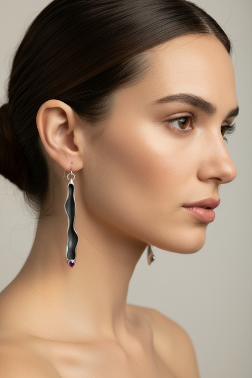 Sterling Silver Leaves with Ruby on Hooks Earrings