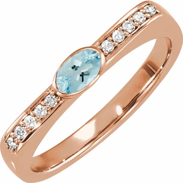 14K Gold Oval Aquamarine and Diamond Accented Ring