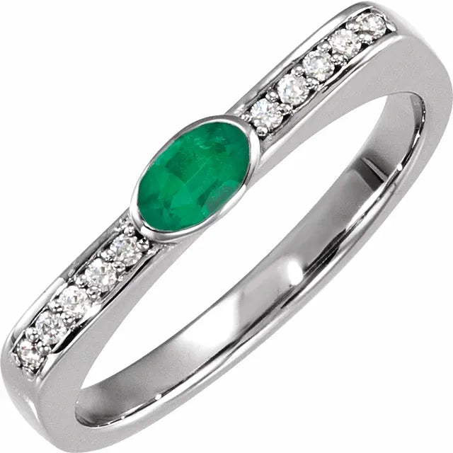 14K Gold Oval Emerald and Diamond Accented Ring