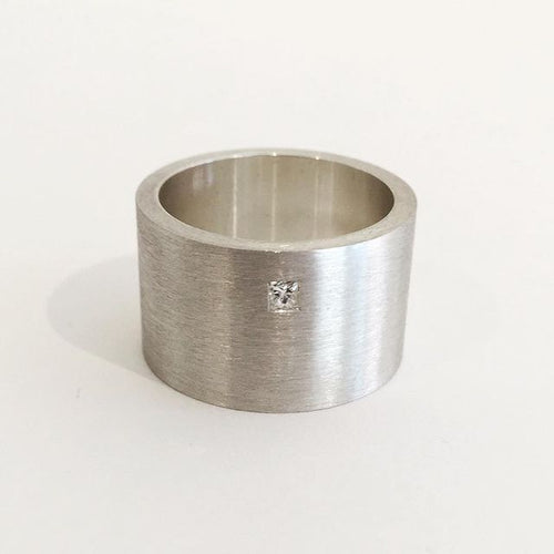 Modern Wide Silver Ring with Princess Cut Diamond
