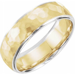 14K Gold 6 mm Two Tone Hammered Texture Design Wedding Band